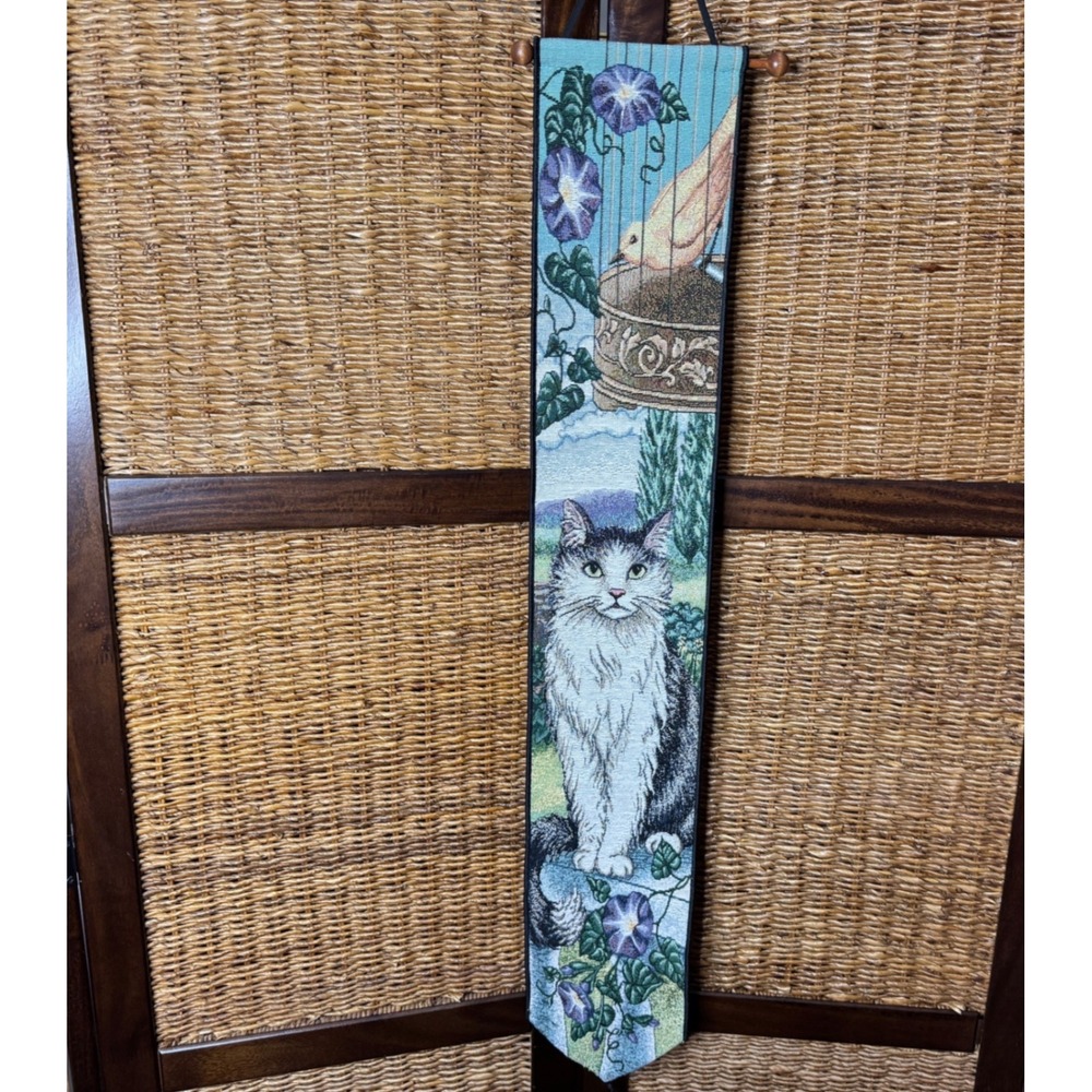 Vintage Woven Cat and Bird Tapestry Wall Hanging Cottagecore Garden Banner